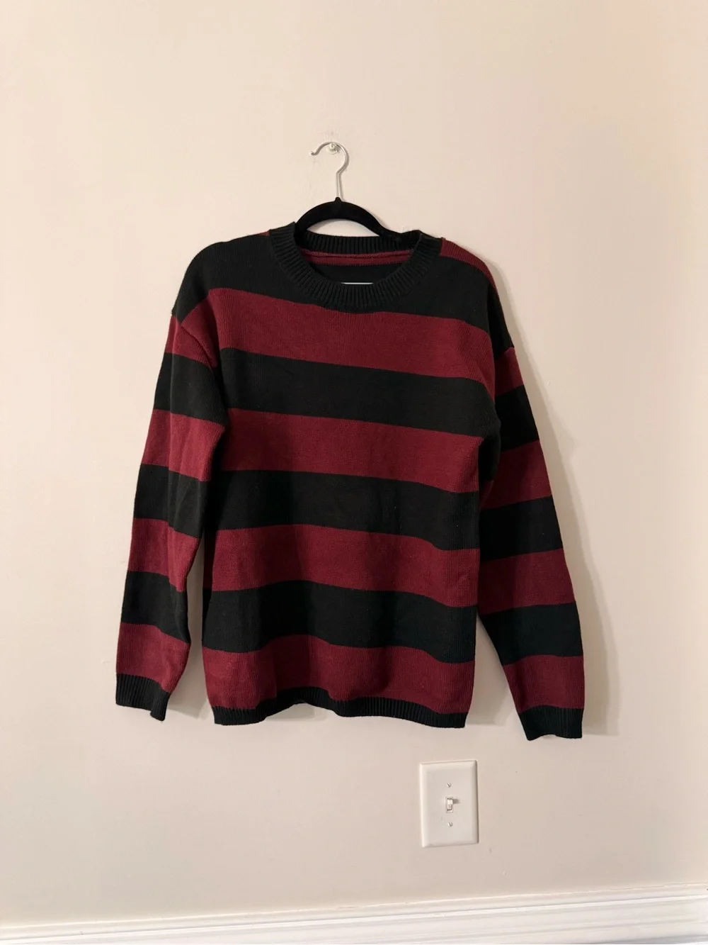 Men's Red and Black Striped Crewneck Sweater